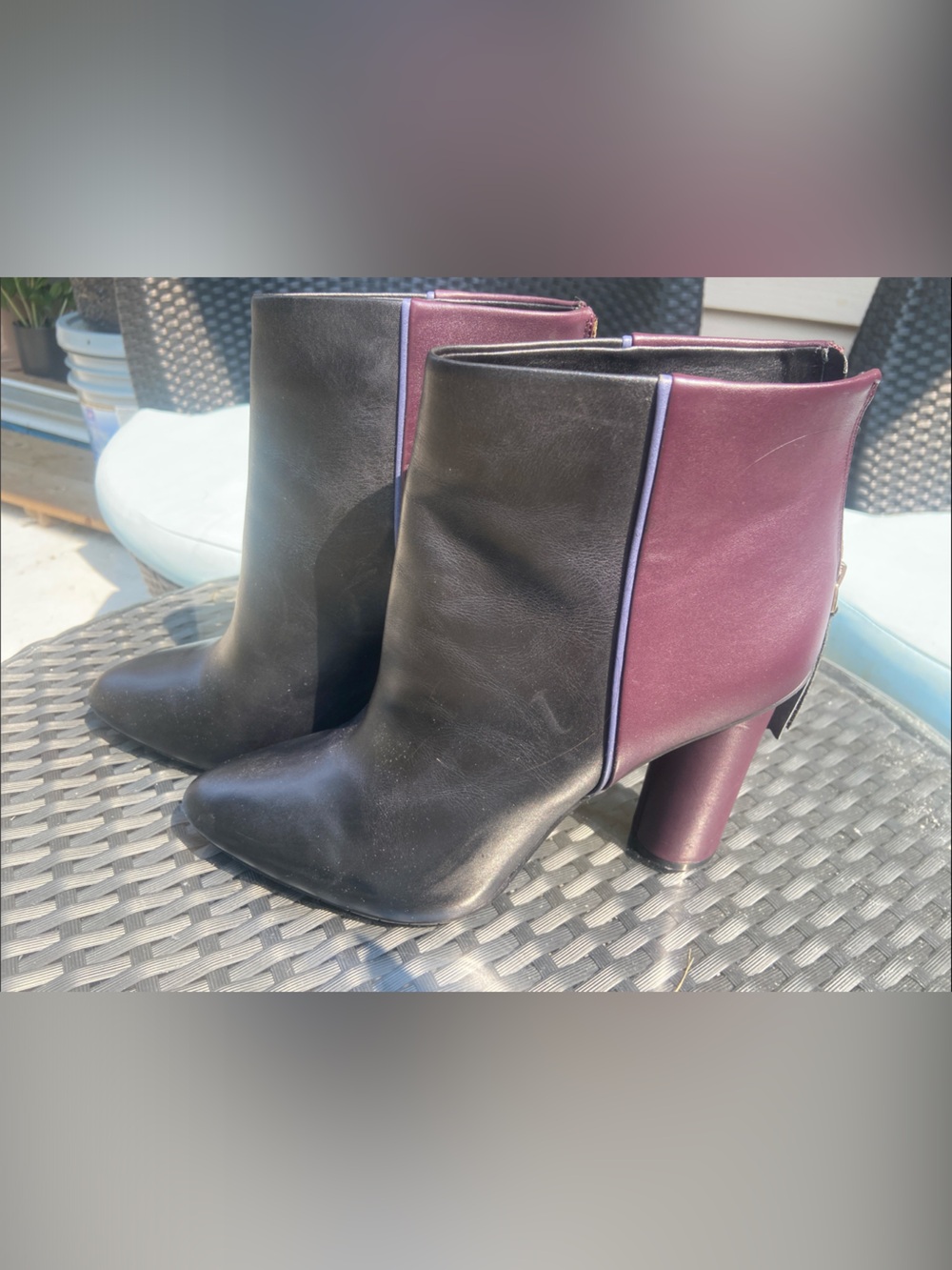 CAbi Black and Burgundy Block Heel Ankle Boots